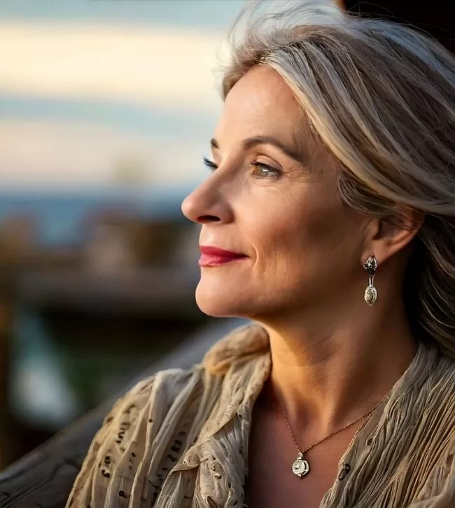 A serene, confident woman gazes into the distance at sunset, her face illuminated by warm golden light. Her expression reflects hope, renewal, and inner strength, embodying a journey of transformation and healing.